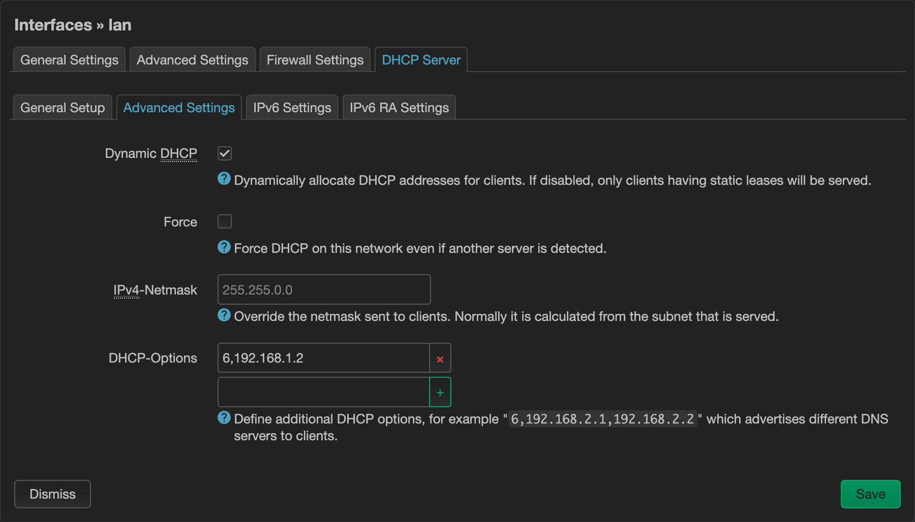 Screenshot of OpenWrt interface DHCP settings