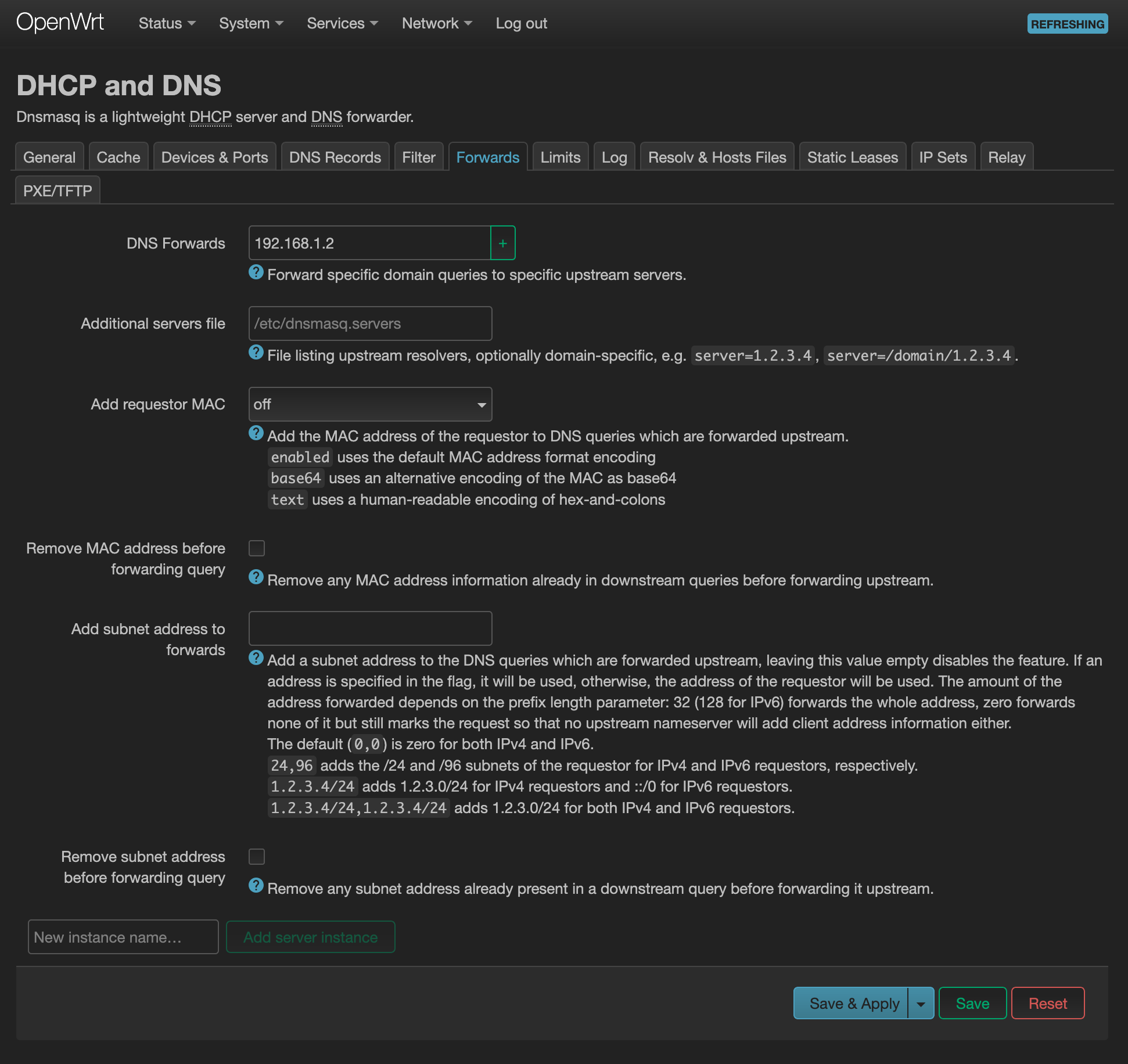 Screenshot of OpenWrt DNS forwarding settings